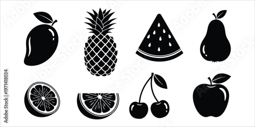 Set of organic fruit silhouettes featuring mango pineapple watermelon pear orange cherry and apple icons