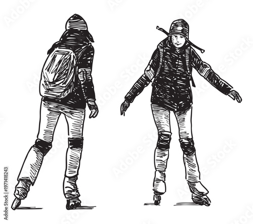 Two teen girls roller skating, realistic sketch, vector hand drawing isolated on white background