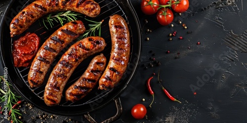 Grilled bratwurst sausage in a cast iron skillet seen from a top down perspective