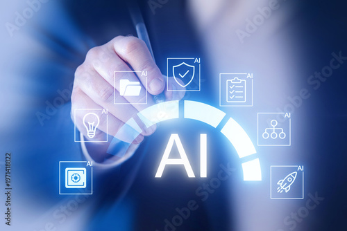 Person points at a digital display showing various icons related to AI technology and its applications in modern life