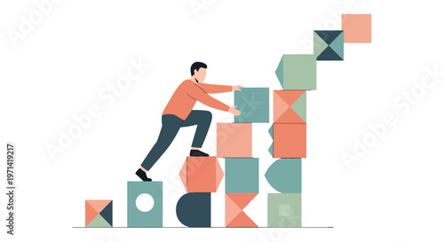 Business Growth and Self Improvement Concept Illustration of a Man Building Success Staircase with Geometric Blocks