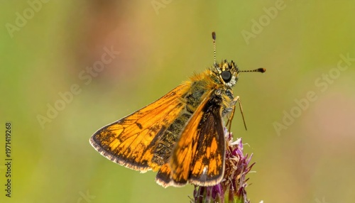 Close up of a small orange butterfly perched on a flower in soft focus background.