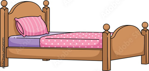 Classic Wooden Bed Vector Illustration Featuring a Pink Striped Pillow and Polka Dot Blanket for Bedroom and Interior Design Concepts