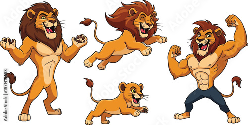 A collection of anthropomorphic lions showcasing different poses.
