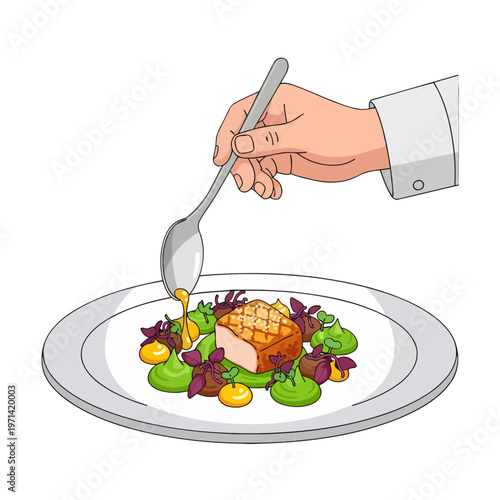 Chef garnishes a gourmet meal with a drizzle of sauce from a spoon