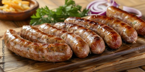 Grilled Thuringian bratwurst sausages served in a rustic cast iron skillet with rosemary