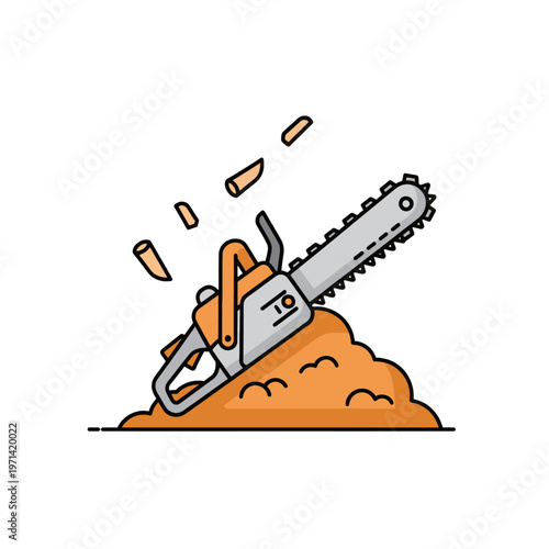 A powered cutting tool is shown with wood chips flying