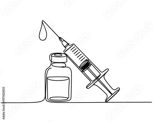 Medical syringe icon continuous line art vector bottle liquid drug symbol for vaccination treatment immunization healthcare design