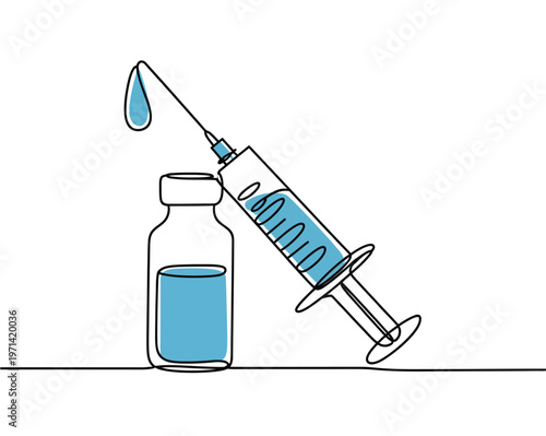 Medical syringe icon continuous line vector bottle liquid drug symbol for vaccination immunization treatment minimalist design