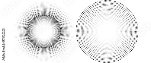 Black concentric circle set. Sonar or sound wave ring collection. Dotted and linear epicentre, target, radar icon concept. Ripple radial signal or vibration elements. Vector line and halftone symbols