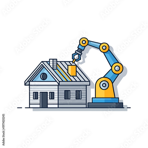 Automated construction arm building a residential dwelling structure