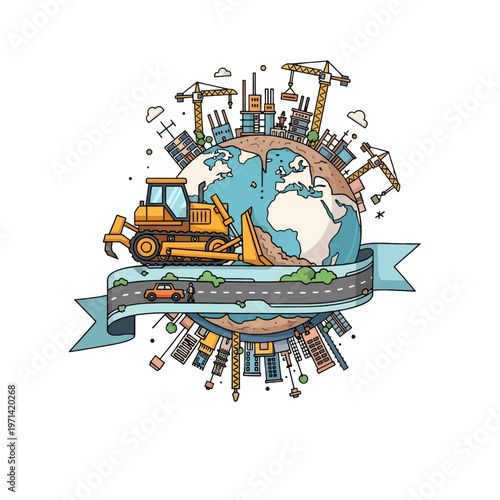 Earth construction and development with heavy machinery and urban sprawl