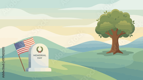 Memorial Day Tombstone and US Flag in Rolling Green Hills