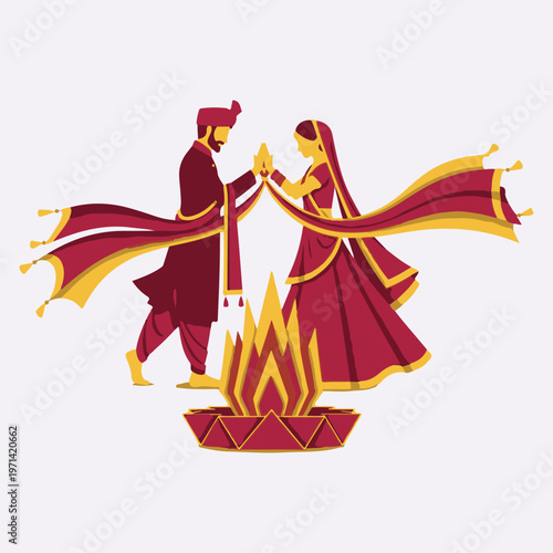 Indian Wedding Ceremony Illustration Featuring a Bride and Groom Performing a Ritual Around a Sacred Fire