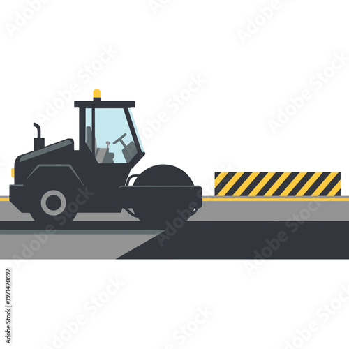 Heavy construction vehicle compacting asphalt on a road