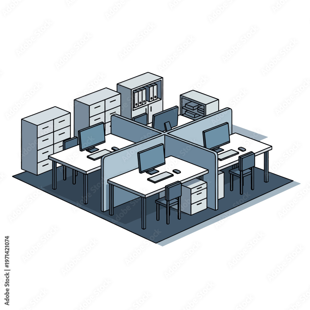 Fototapeta premium Modern office cubicles with computers and storage units