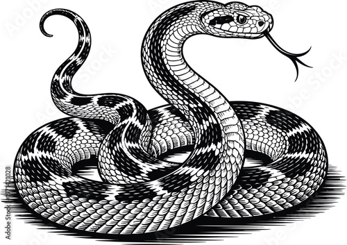 Vintage black and white illustration of a coiled rattlesnake with its tongue flicking out.