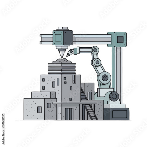 Automated construction machine building a structure with concrete material