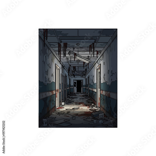 Dilapidated hallway with debris and blood stains