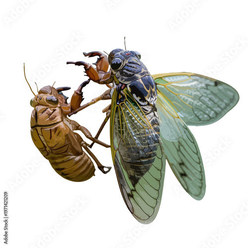 Insect emerges from its exoskeleton on a white background