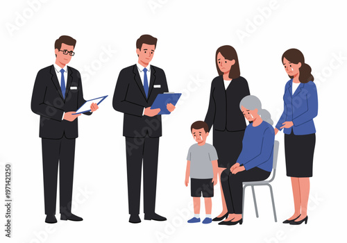 Sad grieving family with a crying child and grandmother meeting with funeral directors or insurance agents, flat vector illustration.