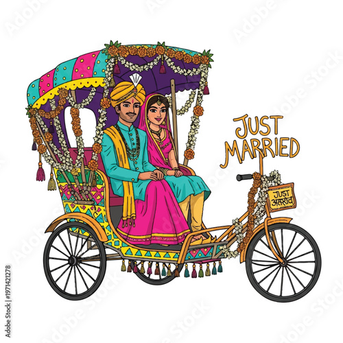 Vibrant illustration of a newlywed Indian couple adorned in traditional attire, joyfully riding in a decorated rickshaw