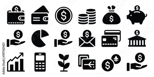 Money finance icon black filled vector banking payment savings investment income symbol for fintech accounting business concept