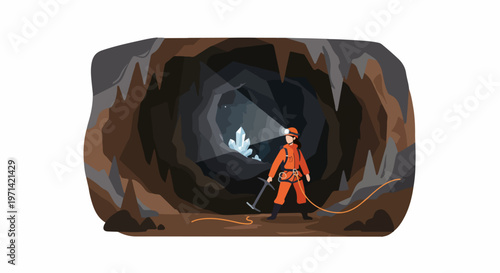 Vector illustration of an explorer in a dark cave discovering glowing crystals with a headlamp and pickaxe.
