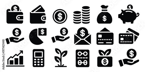 Money finance icon black filled vector banking payment savings investment income symbol for corporate dashboard accounting design