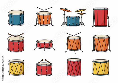 Collection of hand-drawn colorful drum illustrations and percussion instrument icons including snare, bass, and full drum sets isolated on white background.