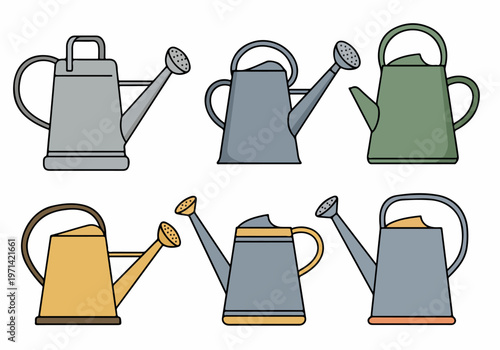 Set of six various watering cans in different colors and styles, suitable for gardening and horticulture design projects.