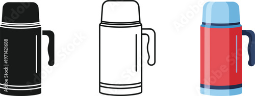 Vacuum thermos flask set with handle in black silhouette, outline line art, and red flat vector illustration, camping travel equipment,