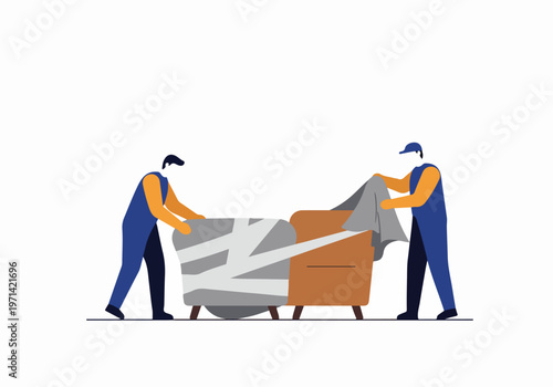 Two Professional Movers Wrapping an Armchair with Protective Material for Safe Relocation, Minimalist Flat Vector Illustration
