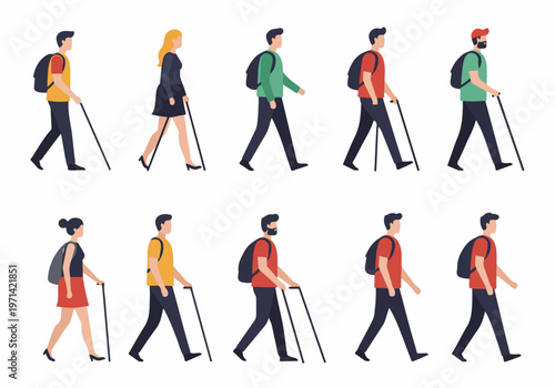 Set of flat vector illustrations of diverse people walking, including visually impaired individuals with canes, students with backpacks, and urban pedestrians.