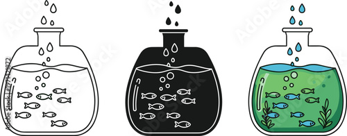 Set of three fish tank icons in line, silhouette, and color styles, featuring small fish swimming inside a glass bottle aquarium