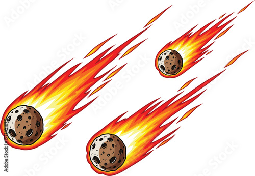 Dynamic Flaming Asteroid Shower Illustration with Fiery Trails and Impact Effects for Outer Space Adventures, Science Education, and Astronomy Graphic Designs