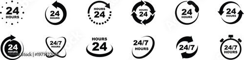 24 7 service icon set. 24-7 open, concept with call icon. Support 24 hours a day and 7 days a week. Support service. Vector Illustration.