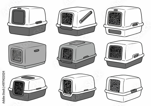 Collection of various hand-drawn hooded cat litter boxes and pet carriers in a simple monochrome line art style for pet care illustrations.