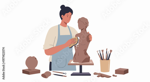 Young woman sculptor working on a clay bust in her art studio, using tools and sponge to create a beautiful sculpture.