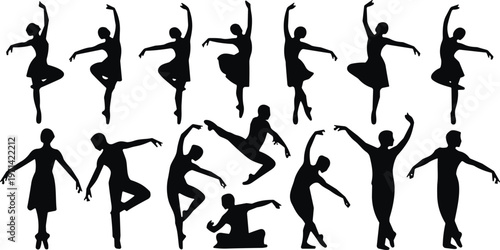 Ballet dancer silhouettes set, graceful ballerina and male dance poses collection isolated black vector illustration