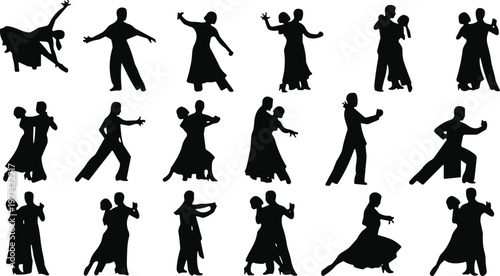 Ballroom dance couple silhouettes set, elegant partner waltz tango poses collection isolated black vector illustration