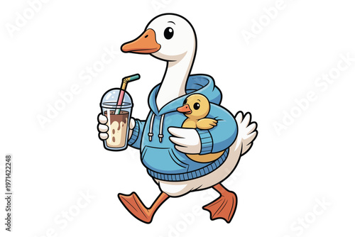 A charming cartoon goose enjoys a bubble tea while carrying a baby duckling in its hoodie on transparent background high-quality.