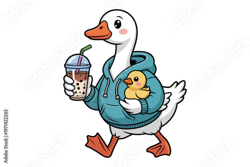 A charming cartoon goose enjoys a bubble tea while carrying a baby duckling in its hoodie on transparent background high-quality.