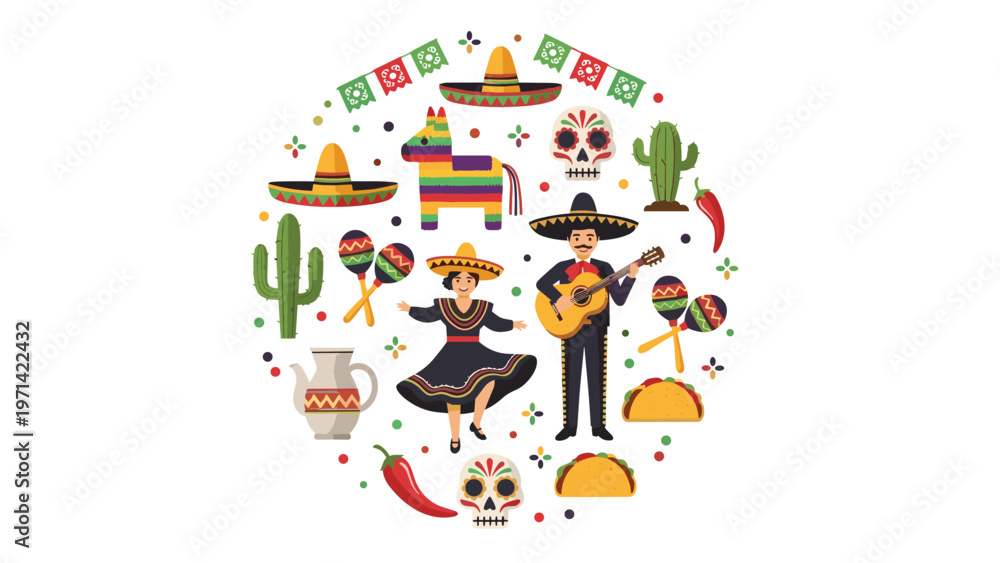 Naklejka premium Traditional Mexican culture symbols arranged in a circle including mariachi, dancer, tacos, pinata, and sugar skulls.
