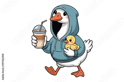 A charming digital illustration depicts a duck wearing a hoodie and holding bubble tea with a baby duck on transparent background.