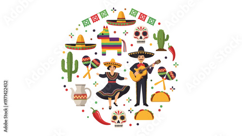 Traditional Mexican culture symbols arranged in a circle including mariachi, dancer, tacos, pinata, and sugar skulls.