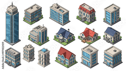 Large set of isometric buildings including skyscrapers, offices, and residential houses for urban architectural planning.