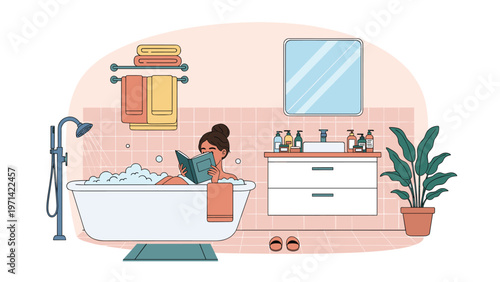Relaxed young woman reading a book while taking a bubble bath in a cozy modern bathroom with plants and accessories.