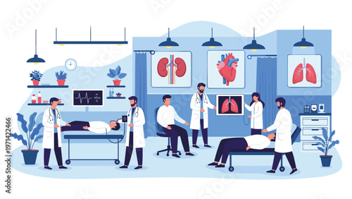 Professional medical team of doctors and nurses examining patients in a modern hospital ward with advanced diagnostic tools.
