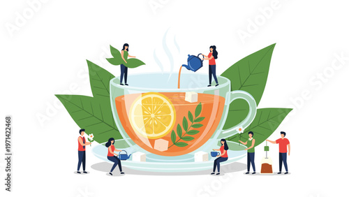 Tiny people working together around a giant cup of herbal tea with lemon, mint leaves, and sugar cubes in a creative concept.